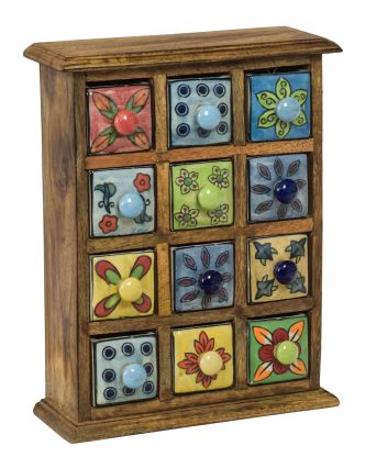 Dřevěná skříňka s 12 keramickými šuplíky, ručně malované, 24x10x32cm