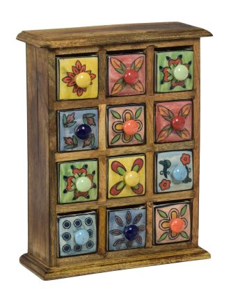 Dřevěná skříňka s 12 keramickými šuplíky, ručně malovaná, 25x10x32cm