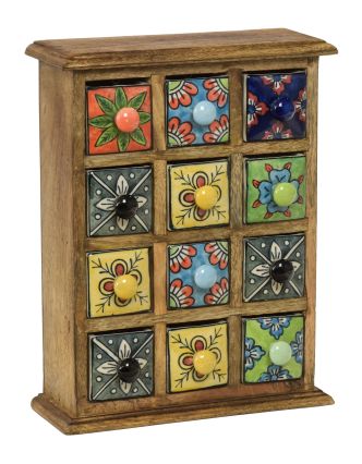 Dřevěná skříňka s 12 barevnými keramickými šuplíky, ručně malovaná, 25x10x32cm