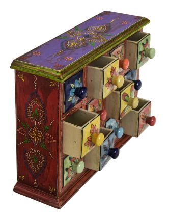 Dřevěná skříňka s 12 barevnými keramickými šuplíky, ručně malovaná, 31x10x24cm