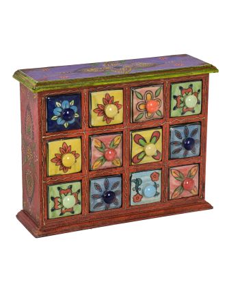 Dřevěná skříňka s 12 barevnými keramickými šuplíky, ručně malovaná, 31x10x24cm