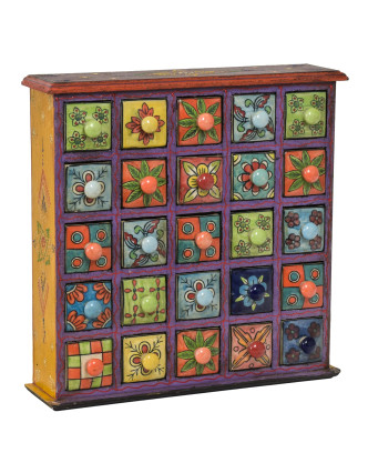 Dřevěná skříňka s 25 keramickými šuplíky, ručně malovaná, 38x9x39cm
