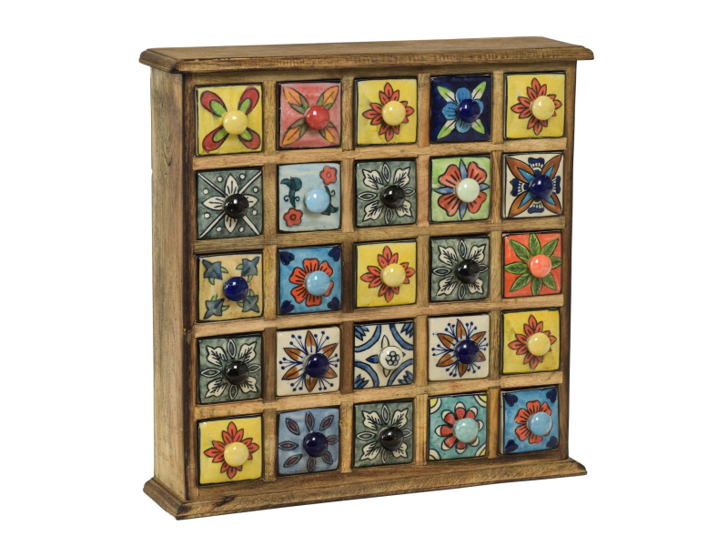 Dřevěná skříňka s 25 keramickými šuplíky, ručně malovaná, 38x9x38cm