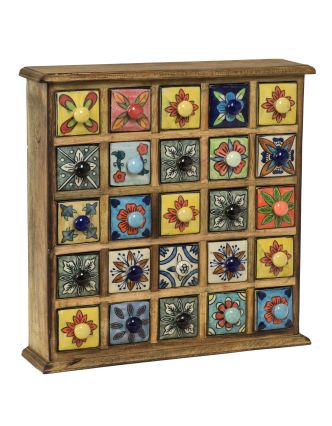 Dřevěná skříňka s 25 keramickými šuplíky, ručně malovaná, 38x9x38cm