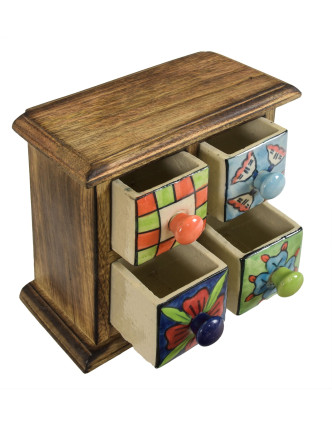 Dřevěná skříňka se 4 keramickými šuplíky, ručně malované, 18x10x18cm
