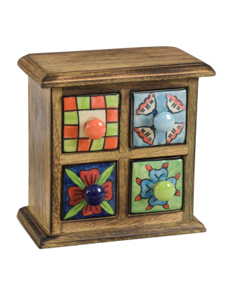 Dřevěná skříňka se 4 keramickými šuplíky, ručně malované, 18x10x18cm