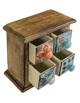 Dřevěná skříňka se 4 keramickými šuplíky, ručně malované, 17x10x17cm