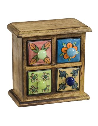 Dřevěná skříňka 18x10x18cm se 4 keramickými šuplíky, ručně malované