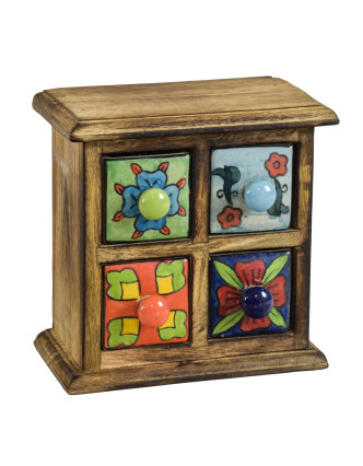 Dřevěná skříňka se 4 keramickými šuplíky, ručně malované, 17x9x18cm