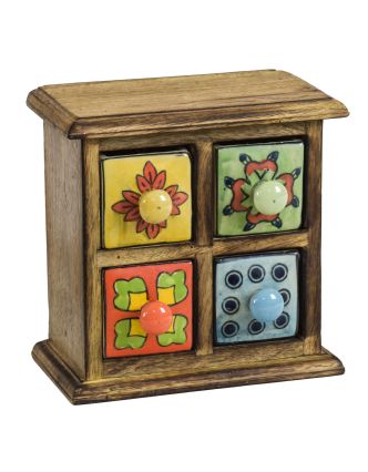 Dřevěná skříňka se 4 keramickými šuplíky, ručně malované, 17x9x17cm