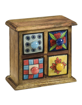 Dřevěná skříňka se 4 keramickými šuplíky, ručně malované, 18x9x17cm
