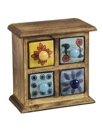 Dřevěná skříňka se 4 barevnými keramickými šuplíky, ručně malované, 17x10x17cm