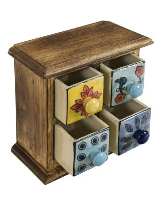 Dřevěná skříňka se 4 barevnými keramickými šuplíky, ručně malované, 17x10x17cm