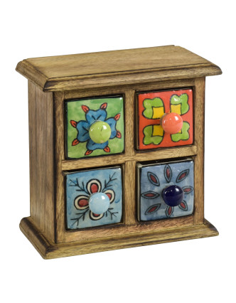 Dřevěná skříňka se 4 keramickými šuplíky, ručně malované, 17x9x18cm