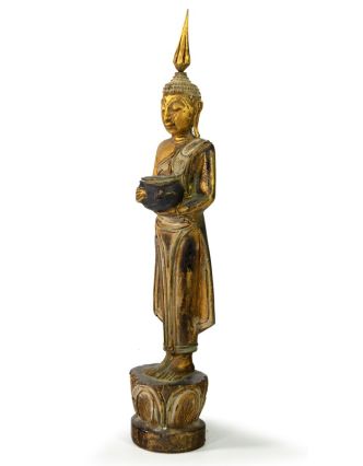Narozeninový Buddha, středa, teak, zlatá patina, 35cm