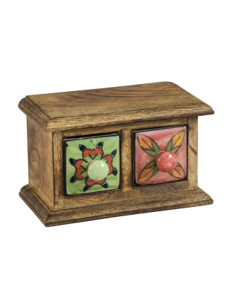 Dřevěná skříňka se 2 keramickými šuplíky, ručně malované, 17x10x10cm