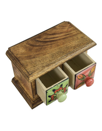 Dřevěná skříňka se 2 keramickými šuplíky, ručně malované, 17x10x10cm
