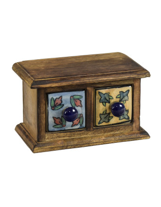 Dřevěná skříňka 17x9x10cm se 2 keramickými šuplíky, ručně malované