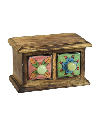 Dřevěná skřínečka se 2 keramickými šuplíky, ručně malované, 17x9x10cm