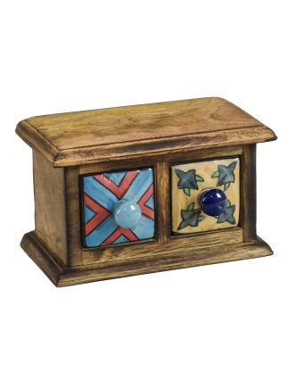 Skříňka dřevěná se 2 keramickými šuplíky, ručně malované, 17x9x10cm