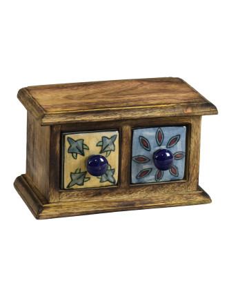Dřevěná skříňka se 2 ručně malovanými keramickými šuplíky, 17x9x10cm