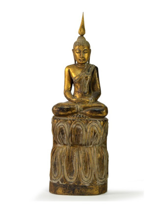 Narozeninový Buddha, čtvrtek, teak, zlatá patina, 35cm