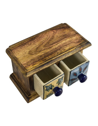 Dřevěná skříňka se 2 ručně malovanými keramickými šuplíky, 17x9x10cm