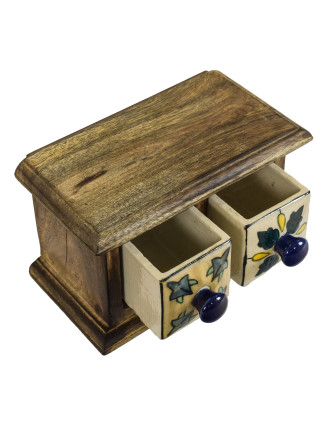 Dřevěná skříňka se 2 barevnými keramickými šuplíky, ručně malované, 17x9x10cm