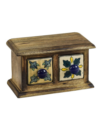 Dřevěná skříňka se 2 barevnými keramickými šuplíky, ručně malované, 17x9x10cm