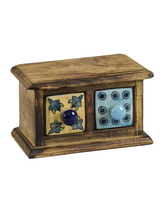 Dřevěná skříňka se 2 keramickými šuplíky,žlutý a modrý,ručně malované, 17x9x10cm