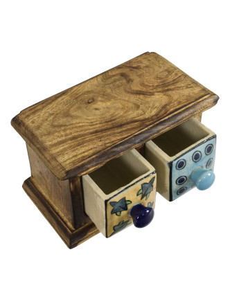 Dřevěná skříňka se 2 keramickými šuplíky,žlutý a modrý,ručně malované, 17x9x10cm