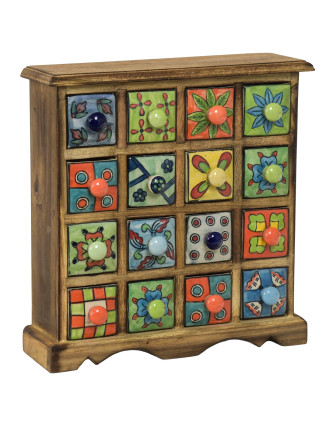 Dřevěná skříňka s 16 keramickými šuplíky, ručně malované, 31x10x32cm