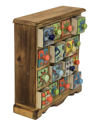 Dřevěná skříňka s 16 keramickými šuplíky, ručně malované, 31x10x32cm
