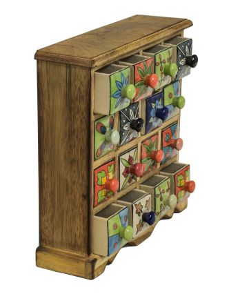 Skříňka dřevěná s 16 keramickými šuplíky, ručně malované, 31x10x32cm