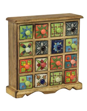 Skříňka dřevěná s 16 keramickými šuplíky, ručně malované, 31x10x32cm