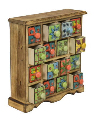 Dřevěná skříňka s 16 ručně malovanými keramickými šuplíky, 31x10x32cm