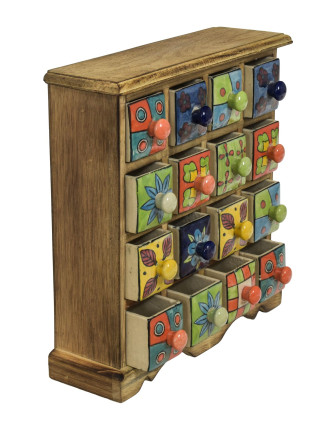 Dřevěná skřínečka s 16 keramickými šuplíky, ručně malované, 31x10x32cm