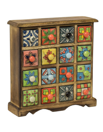 Dřevěná skříňka s 16 keramickými šuplíky, malované ručně, 31x10x32cm