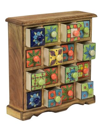 Dřevěná skříňka s 16 barevnými keramickými šuplíky, ručně malované, 31x10x32cm