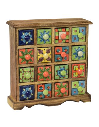 Dřevěná skříňka s 16 barevnými keramickými šuplíky, ručně malované, 31x10x32cm