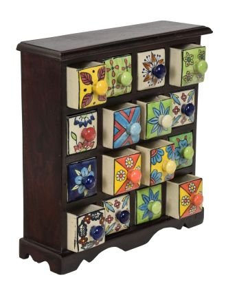 Dřevěná skříňka s 16 keramickými šuplíky, ručně malované, tmavé dřevo,31x10x32cm