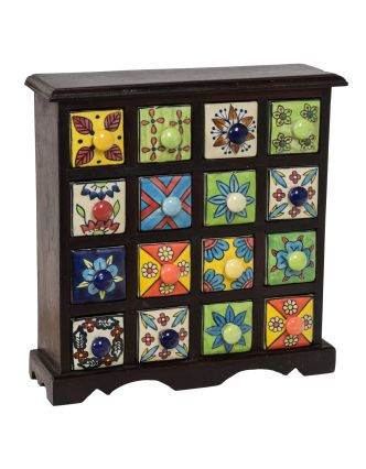 Dřevěná skříňka s 16 keramickými šuplíky, ručně malované, tmavé dřevo,31x10x32cm