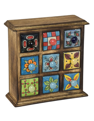 Dřevěná skříňka s 9 keramickými šuplíky, ručně malované, 24x10x24cm
