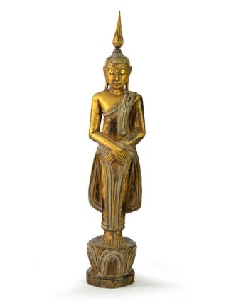 Narozeninový Buddha, neděle, teak, zlatá patina, 35cm