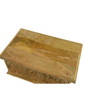 Truhla z mangového dřeva, ručně vyřezávaná, přírodní úprava, 58x34x35cm