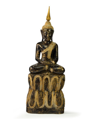 Narozeninový Buddha, čtvrtek, teak, černo - zlatá patina, 35cm