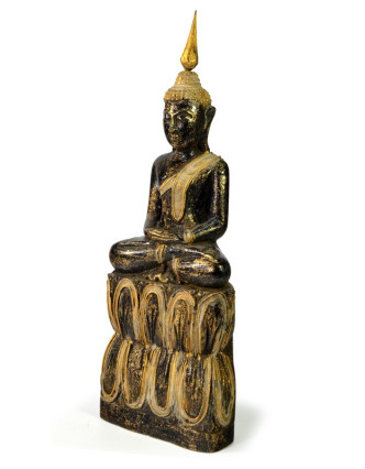 Narozeninový Buddha, čtvrtek, teak, černo - zlatá patina, 35cm