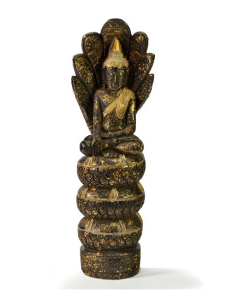 Narozeninový Buddha, sobota, teak, černo - zlatá patina, 35cm