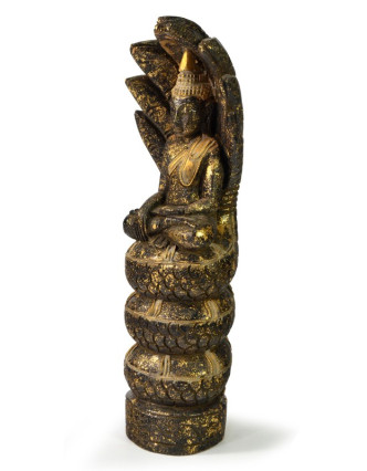 Narozeninový Buddha, sobota, teak, černo - zlatá patina, 35cm