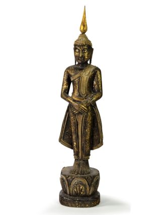 Narozeninový Buddha, neděle, teak, černo - zlatá patina, 35cm